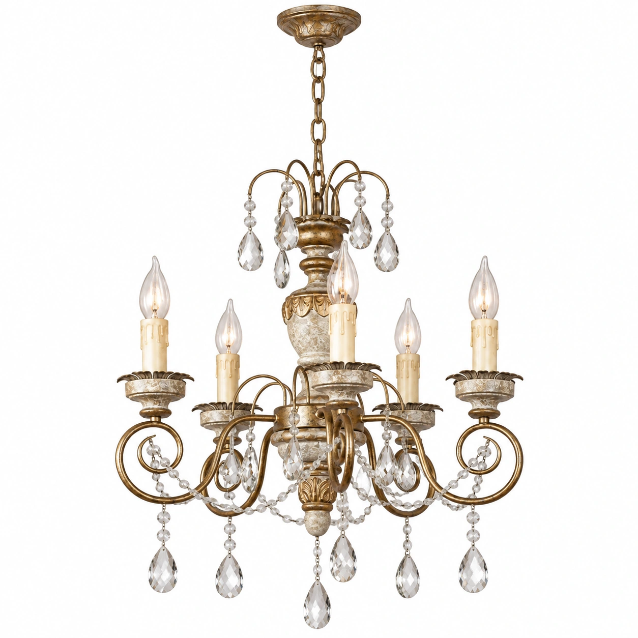 Edward five-light iron and crystal chandelier detail 01 scrollwork