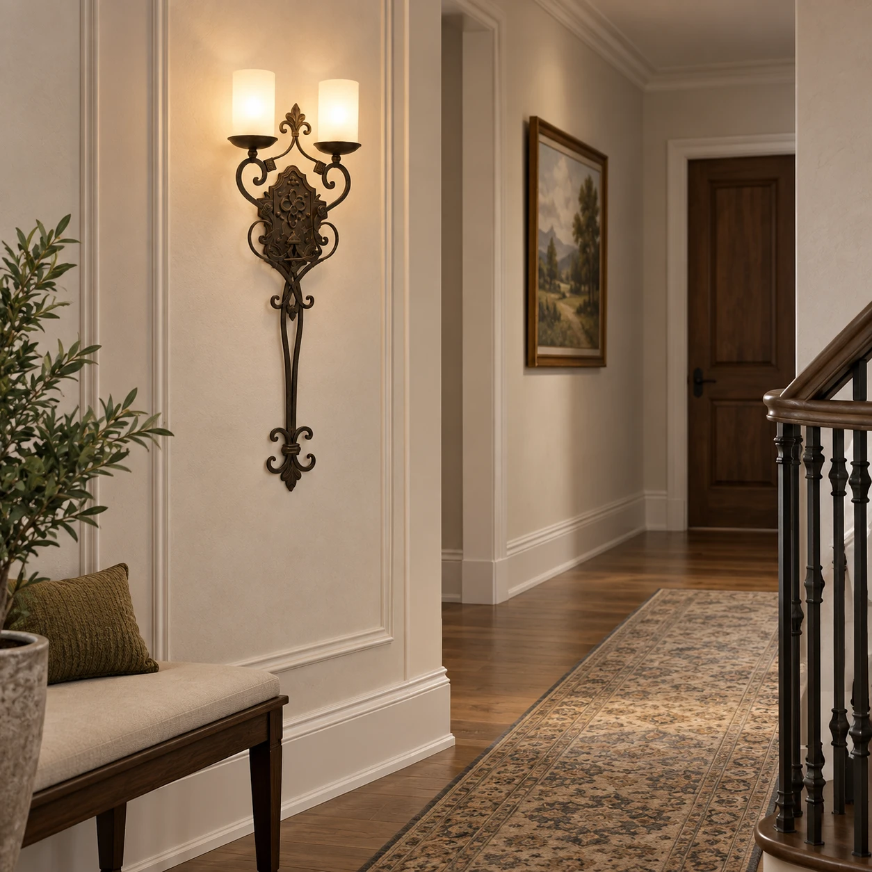American Rustic Iron Wall Light in a small hotel corridor or landing with credible ceiling height