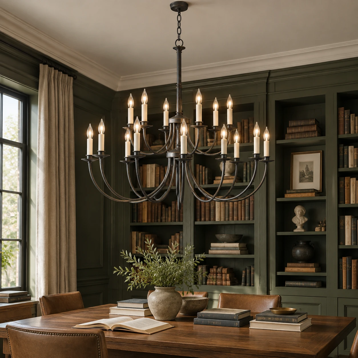 Iris European 18-Light Iron Chandelier in a residential interior