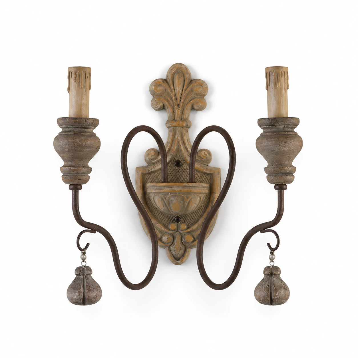 Mara Rustic Double-Arm Wood & Iron Wall Sconce — identity oldwood