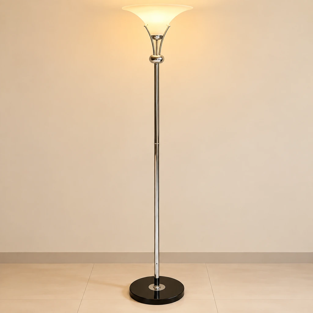 Uplight floor lamp on the floor in a warm neutral interior