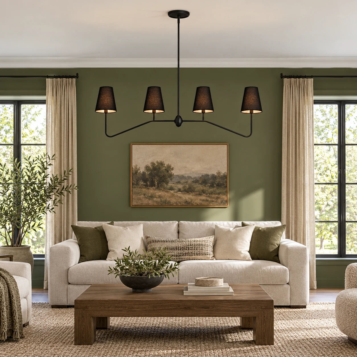 Black-shade four-light iron chandelier above an American living room seating area