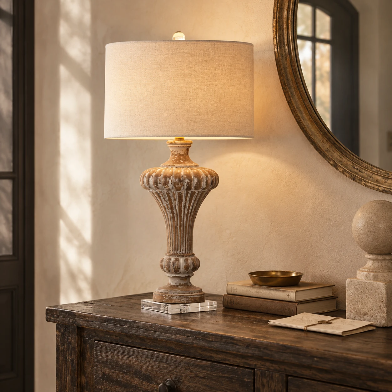 Aurelia vintage table lamp on a French rustic entry console