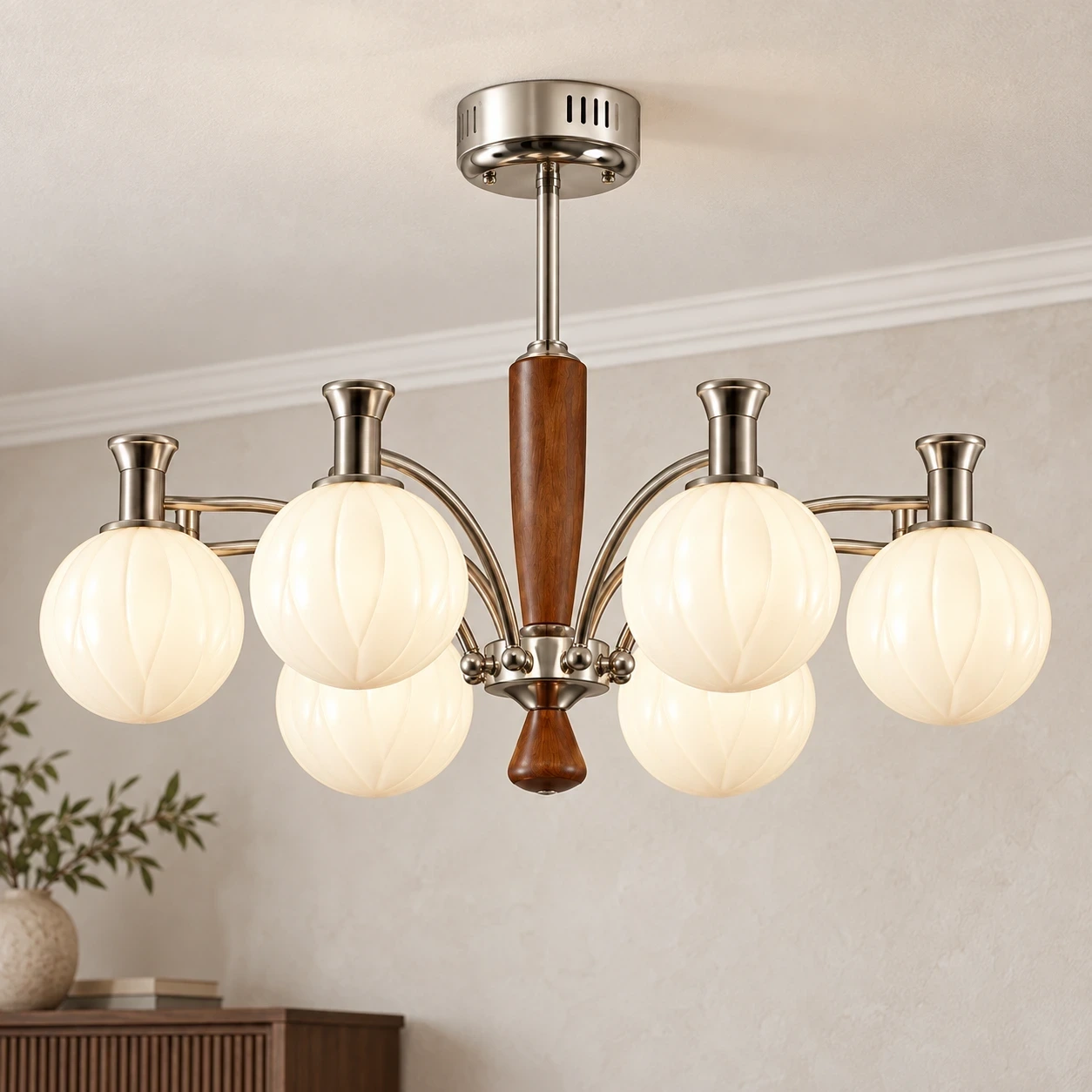 Wushlp Vintage Branch Wood Glass Chandelier installed in a bright interior
