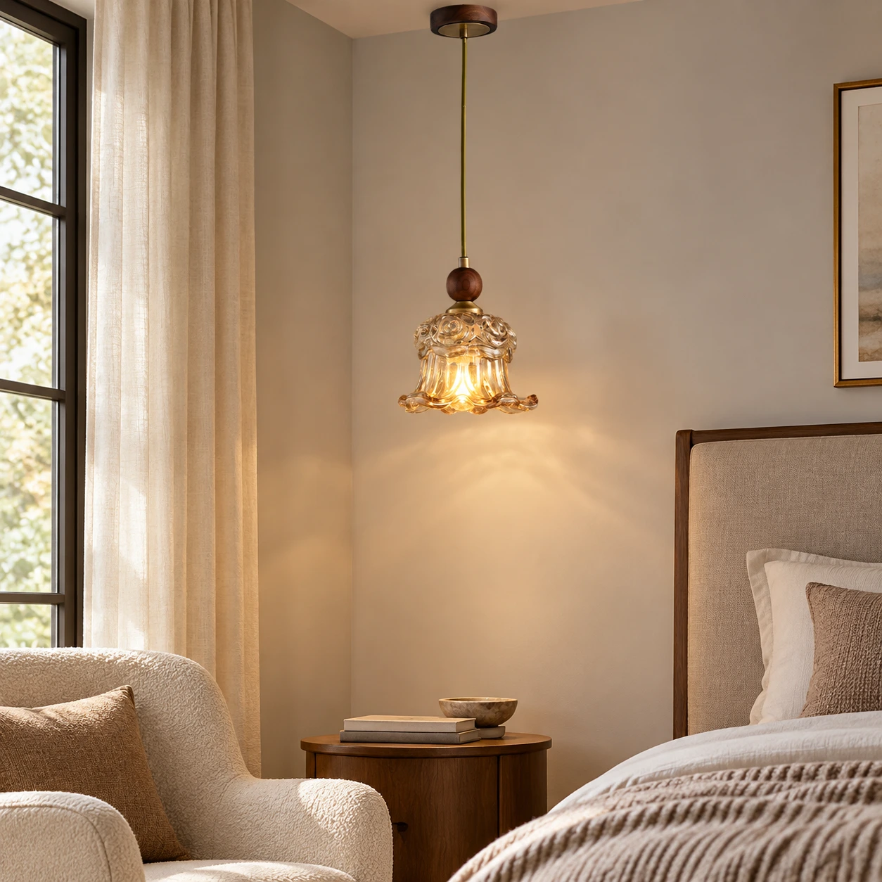 Floral glass pendant light in a bedroom