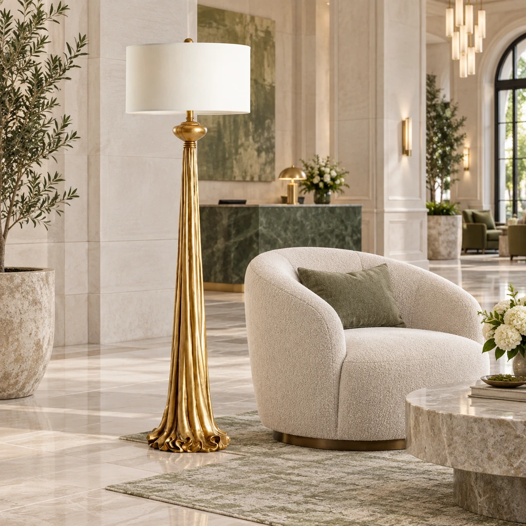 Carved gold floor lamp in a high-ceiling hospitality lounge