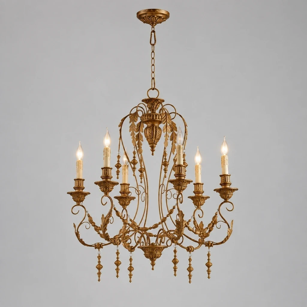 Merritt Vintage Sculpted Iron Chandelier with Six Lights switched on in a neutral studio