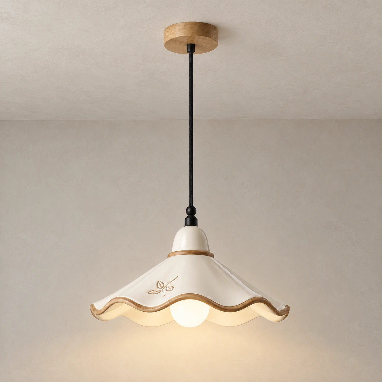 Eliseo French Vintage Scalloped Ceramic and White Ash Wood Pendant Light in a calm residential interior