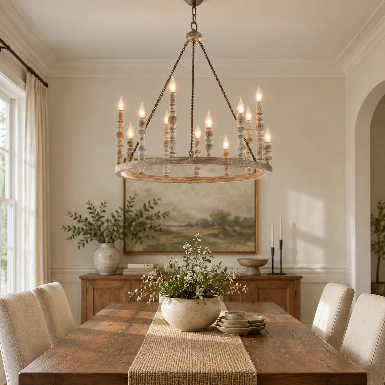 Mira Rustic Carved Wood Chandelier — 04 scene dining single