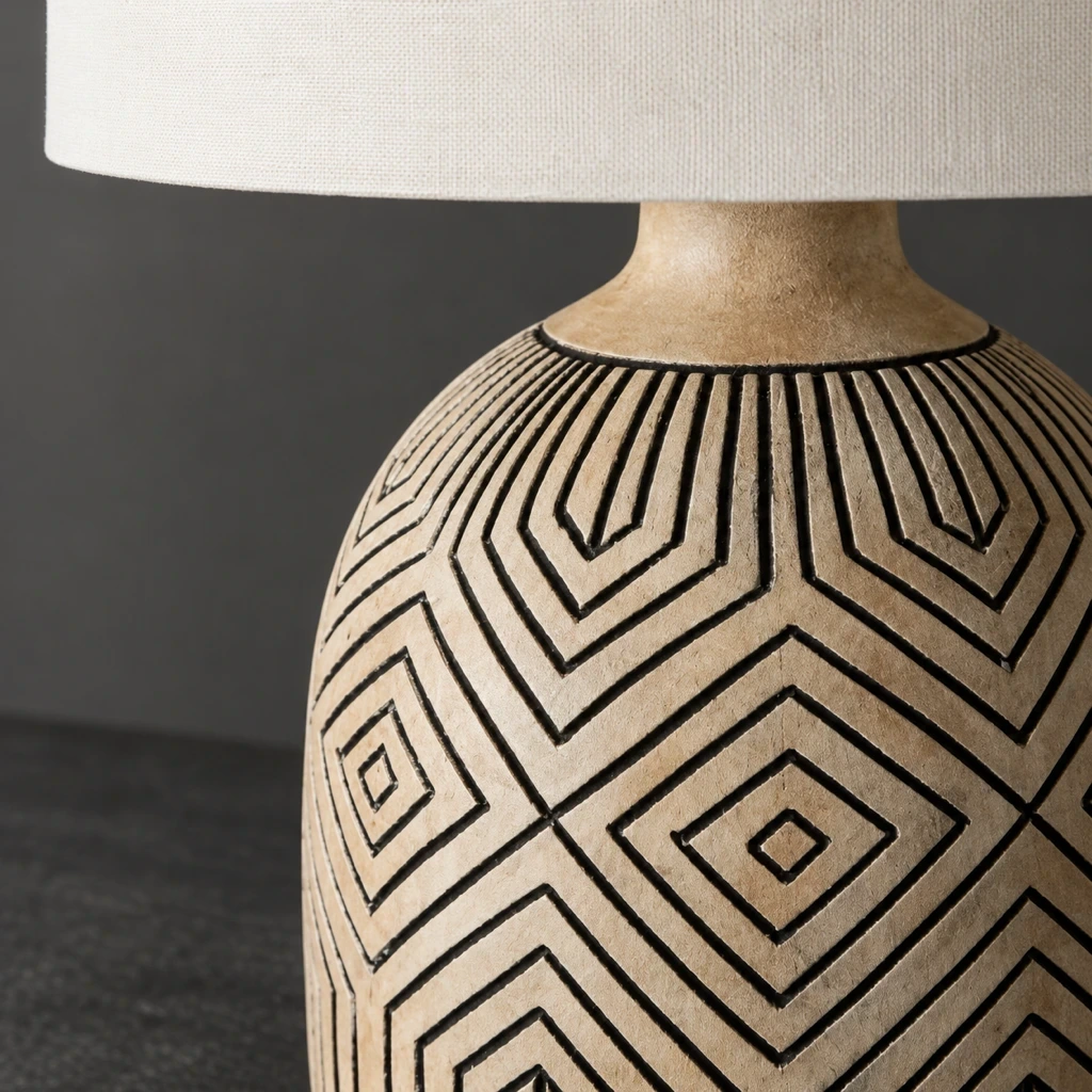 Close detail of the repeated black geometric pattern on the carved wood lamp base