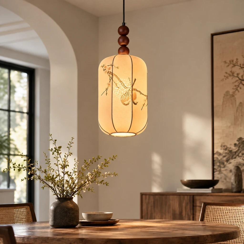 Avery Vintage Single-Light Iron Fabric Pendant Light in a dining or living setting