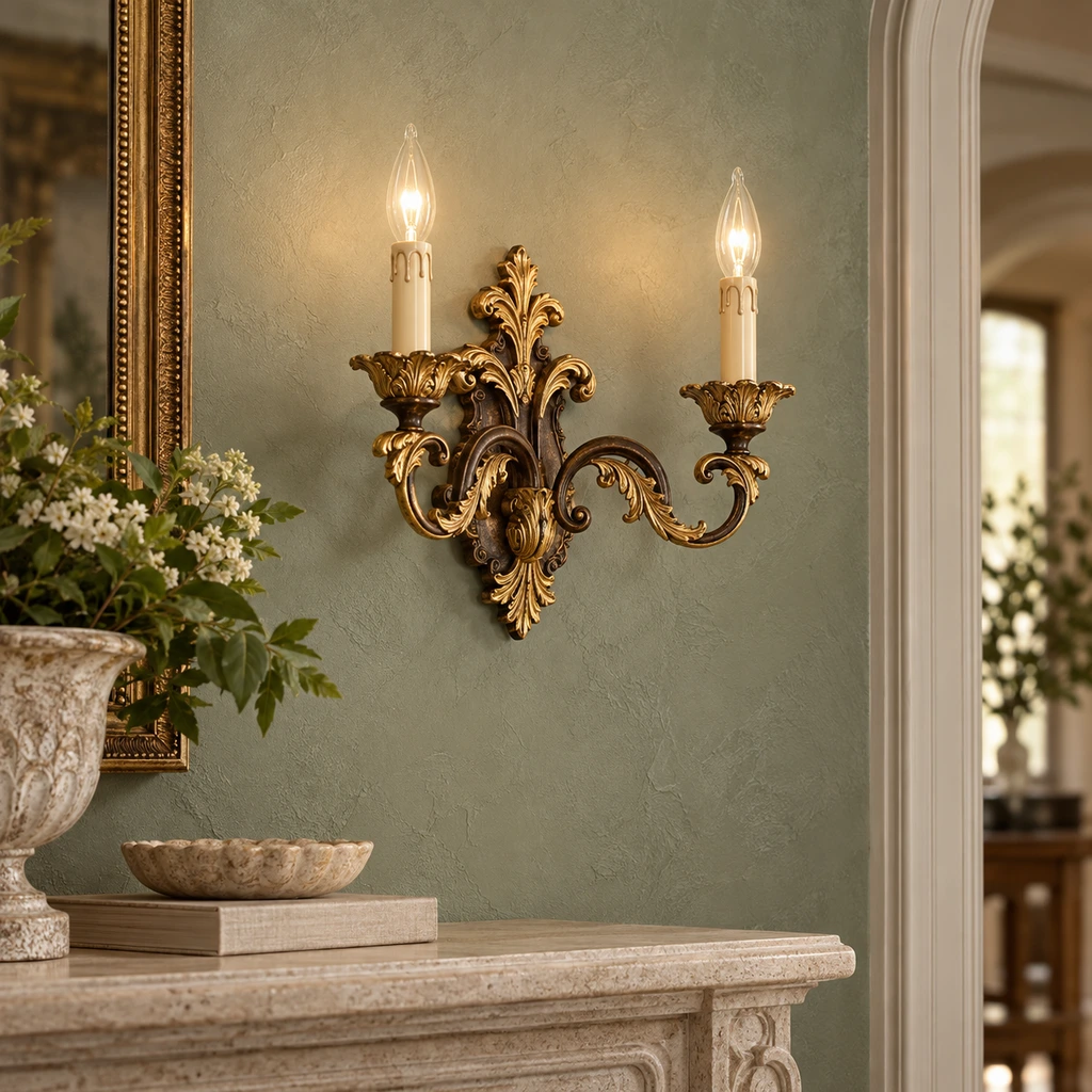Close detail of gold leaf scrollwork and dark antique metal relief