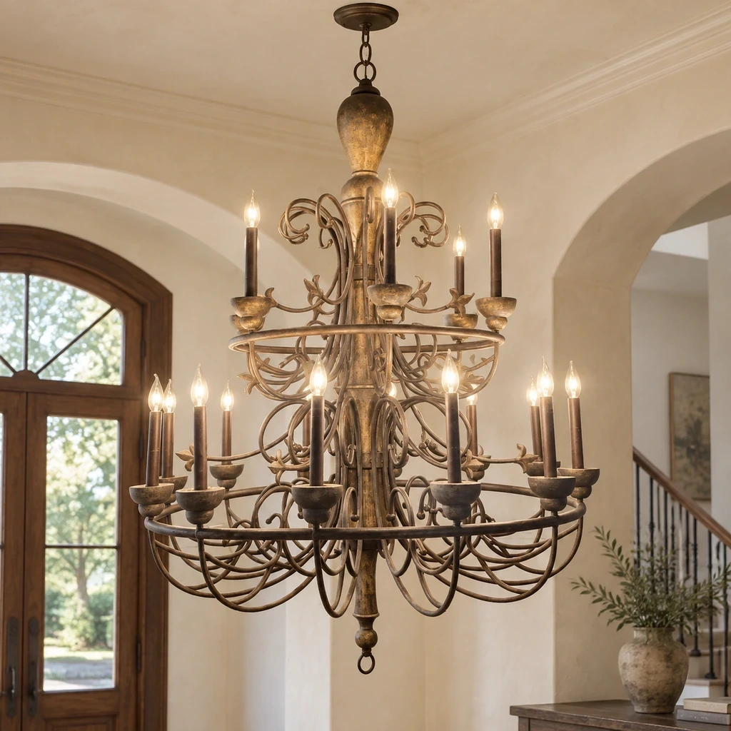 Rustic Multi-Tier Carved Wood Chandelier illuminated in a warm plaster entry
