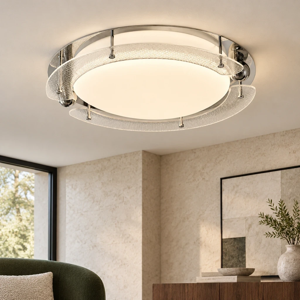 Iris Bauhaus Orbital Acrylic Alloy Flush Mount in a living room