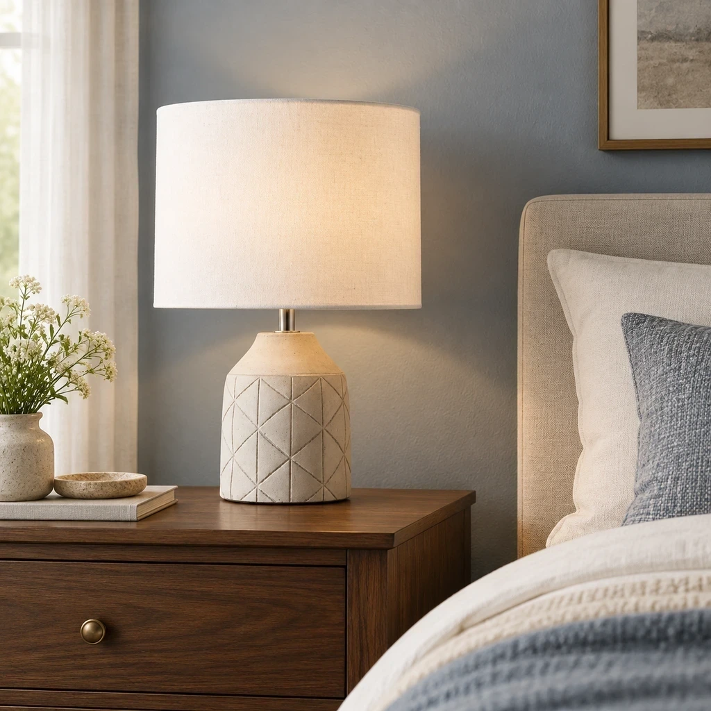Merritt Geometric Carved Wood Table Lamp with White Drum Shade beside a blue-gray bedroom chair