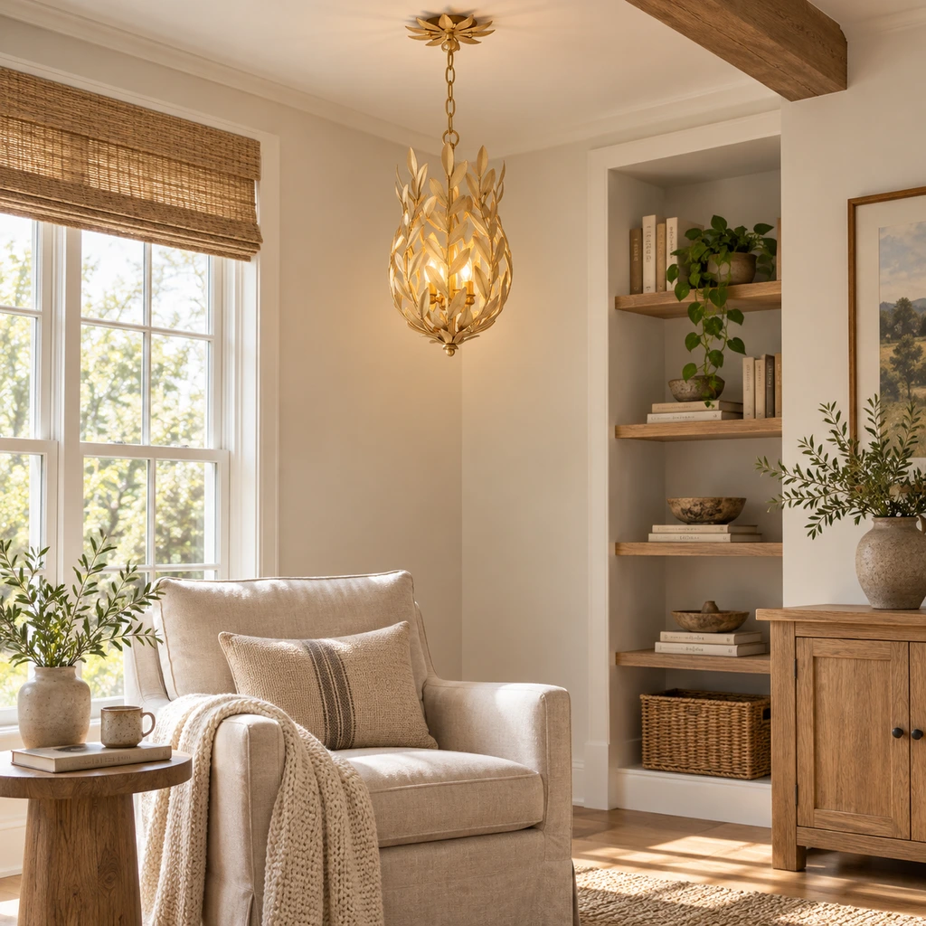 Aurelia leaf cage pendant light installed in a living room