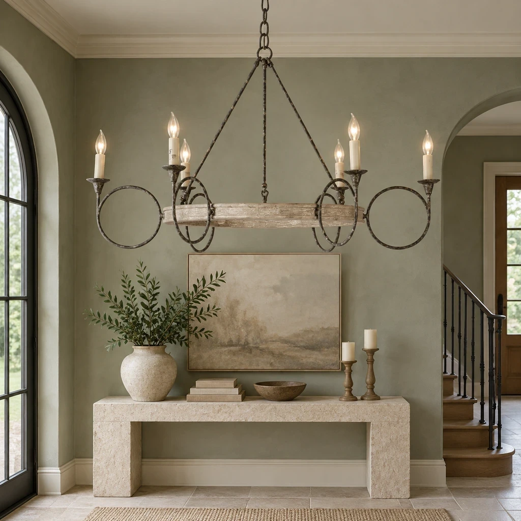 American Rustic Distressed Iron Ring Chandelier above a pale limestone console