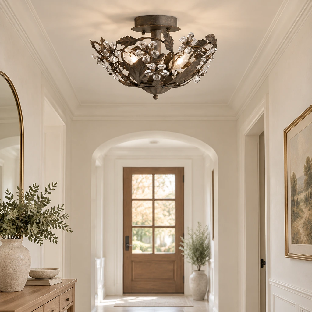 Elodie floral crystal ceiling light installed in a bright hallway