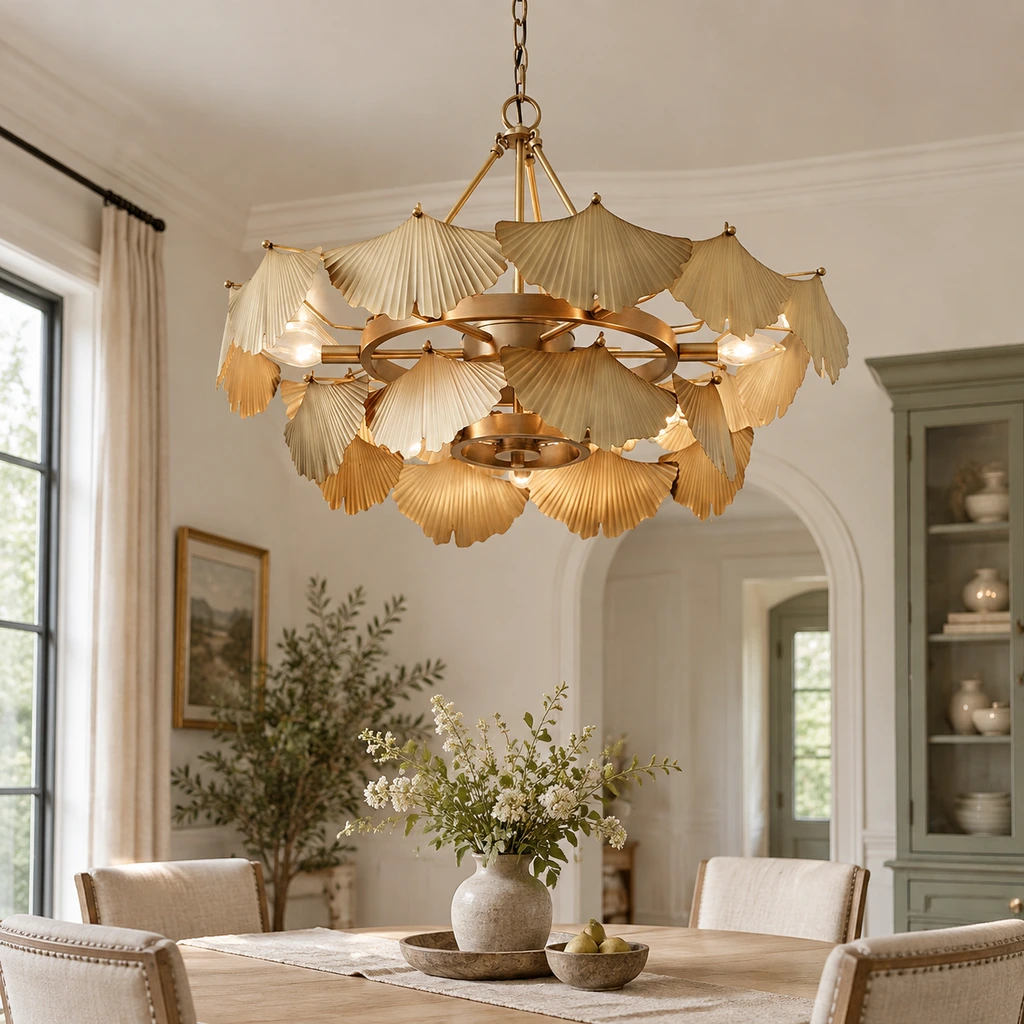 Lina vintage-copper ginkgo-leaf chandelier above a bright dining table