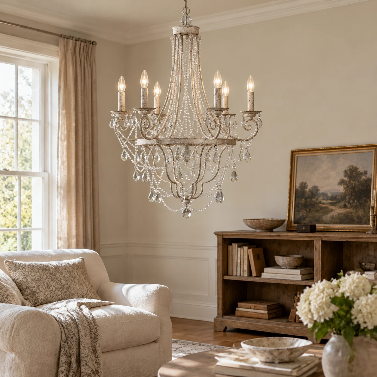 Maeve French Crystal Iron Chandelier in a residential interior