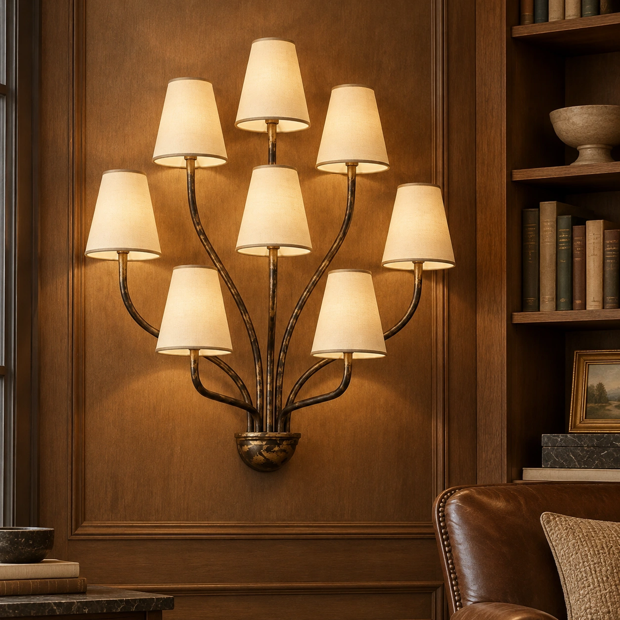 Avery carved solid wood wall sconce scene 05 library
