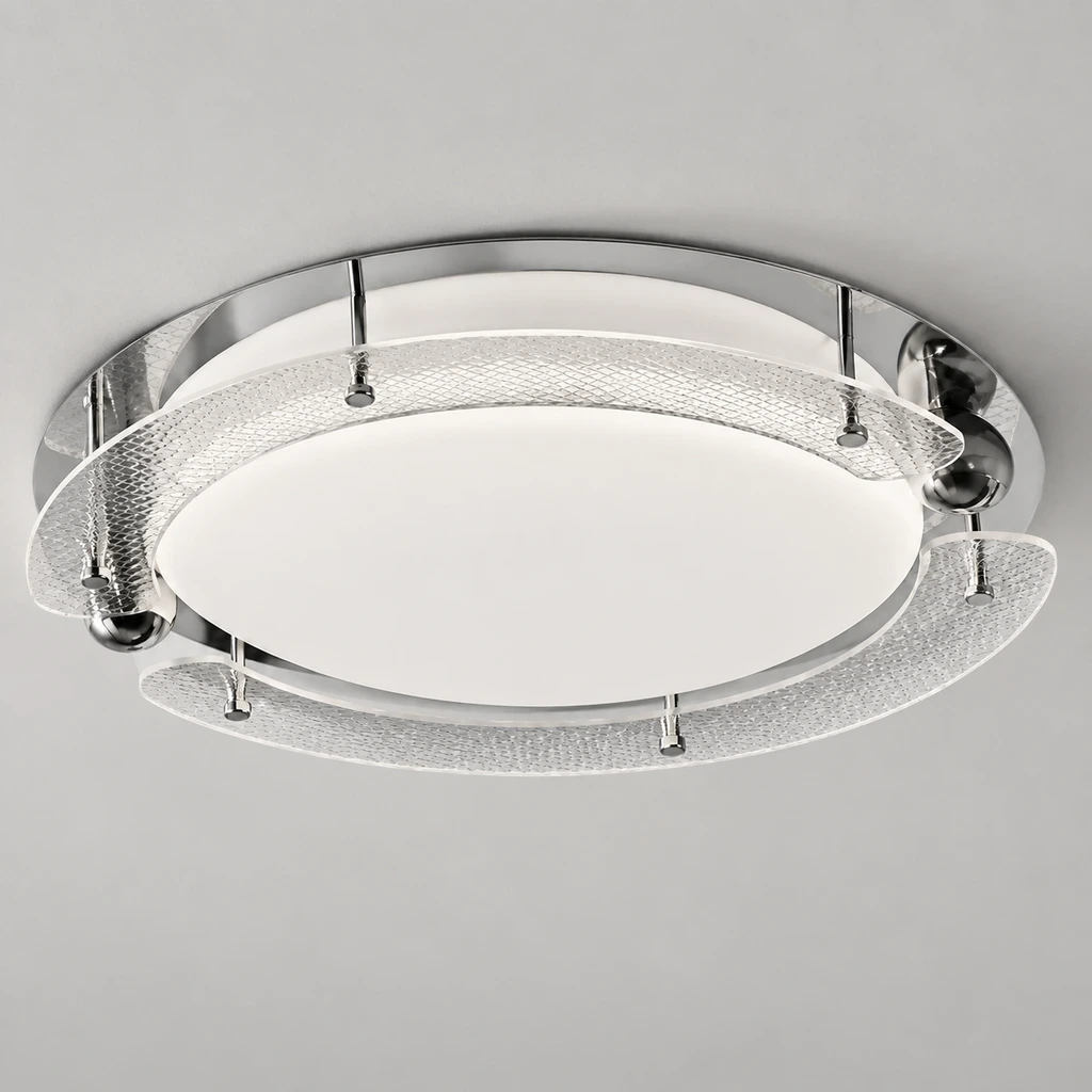 Iris Bauhaus Orbital Acrylic Alloy Flush Mount switched off in a neutral studio