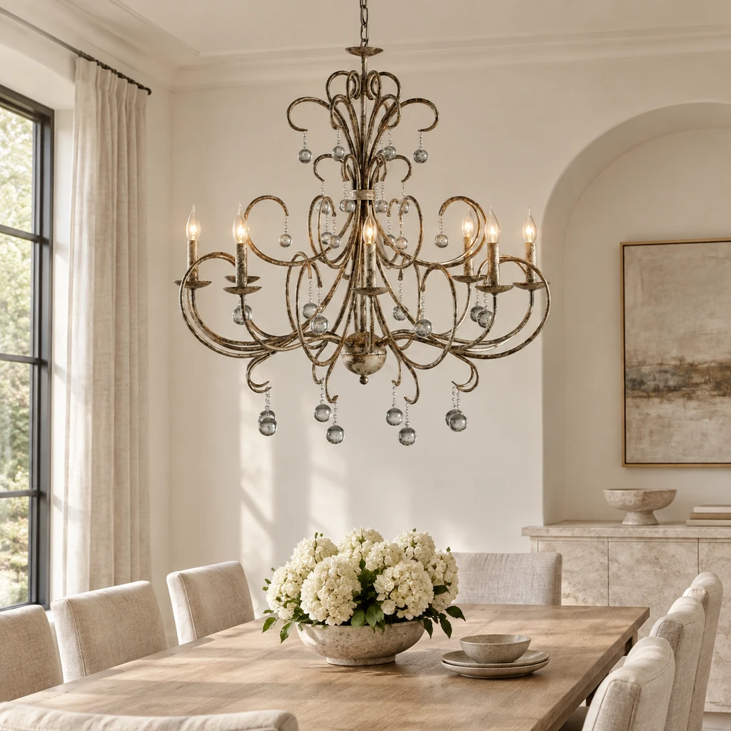 Regent chandelier above a pale oak dining table
