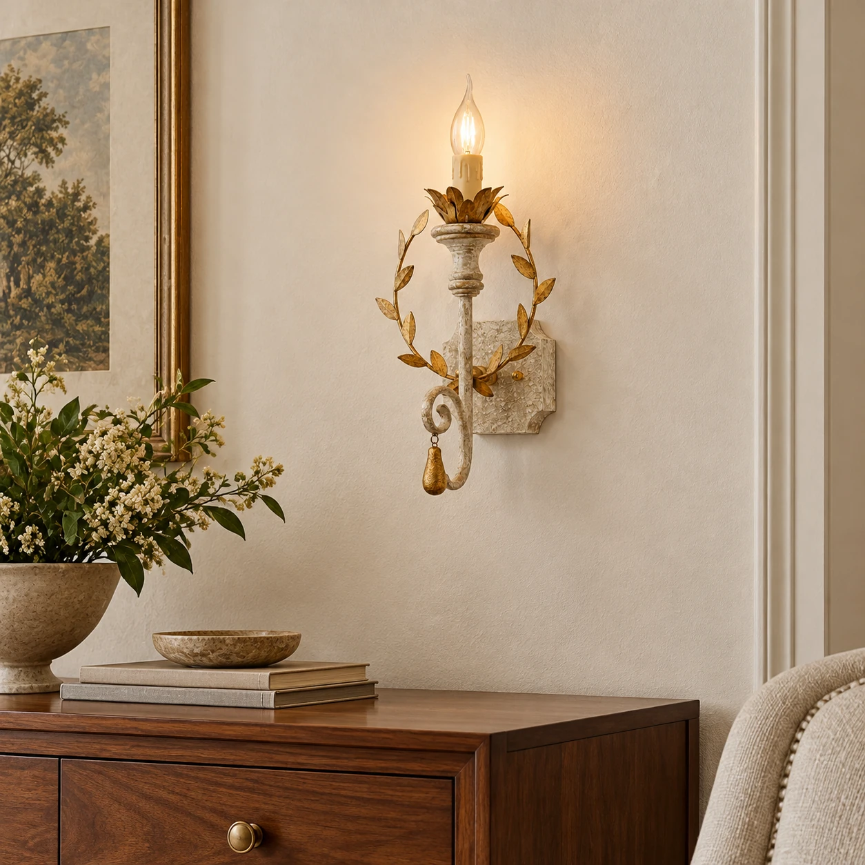 Nora rustic leaf-wreath wall sconce in a living room