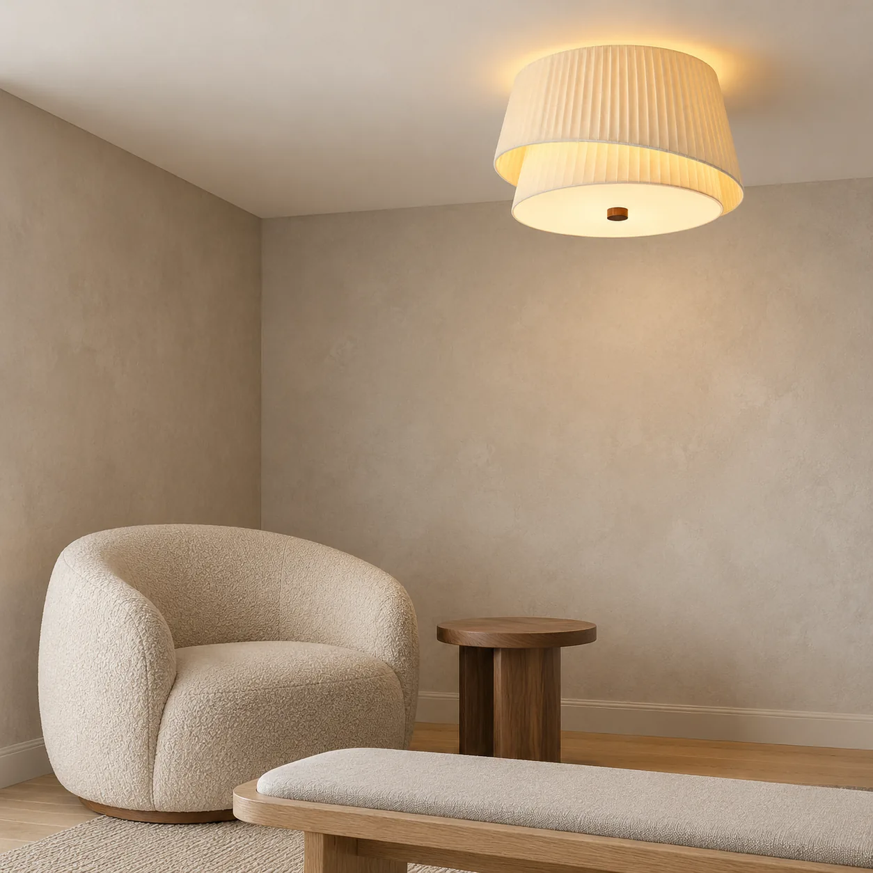 50 cm layered pleated fabric ceiling light above a rounded reading chair