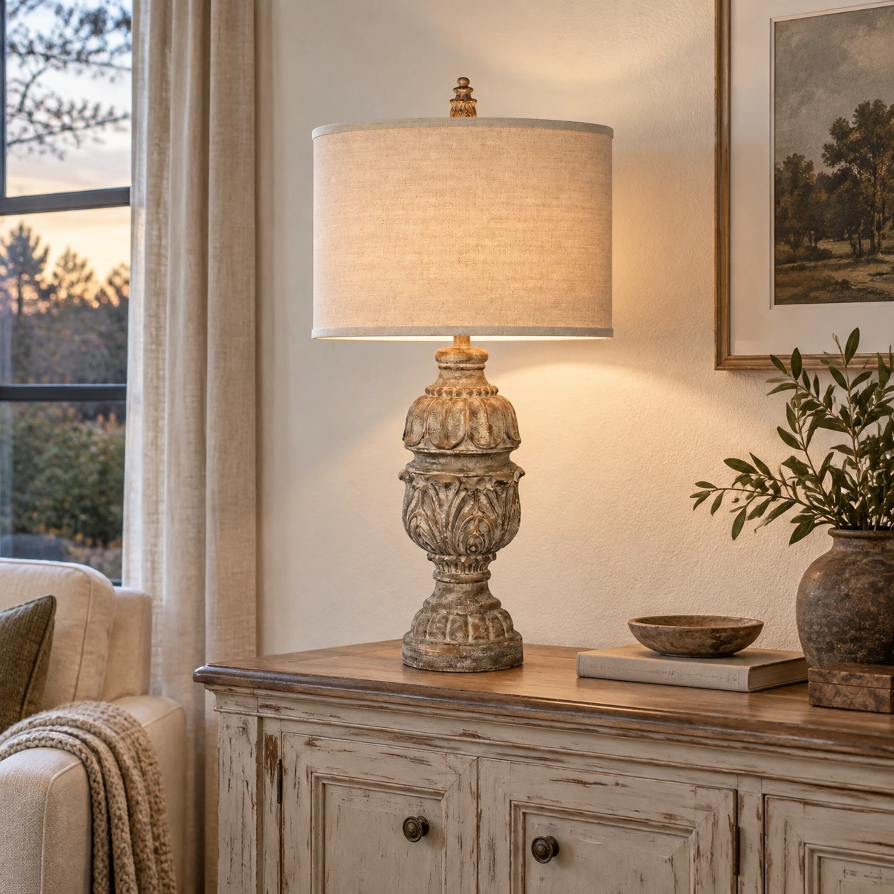 Living room sideboard at dusk