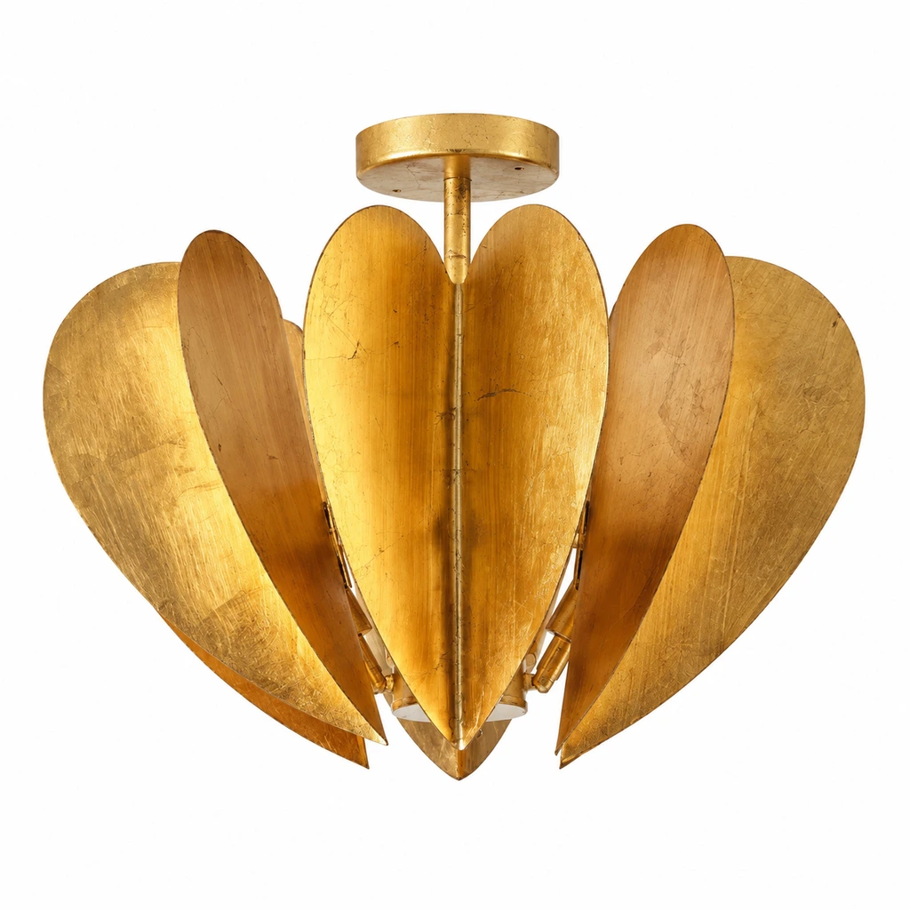 Vintage gold leaf flush-mount ceiling light on a white background