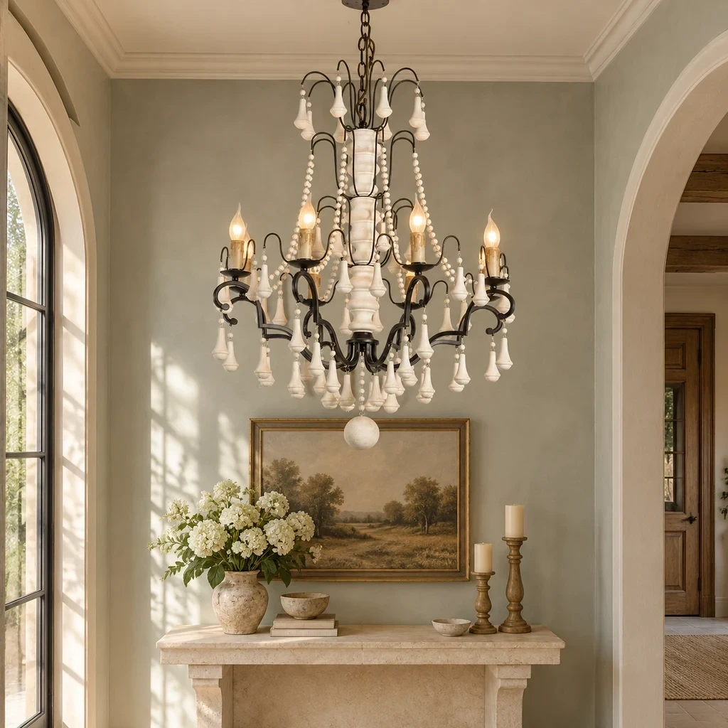 Merritt French Country Beaded Wood Chandelier with Eight Lights in a muted sage entry hall