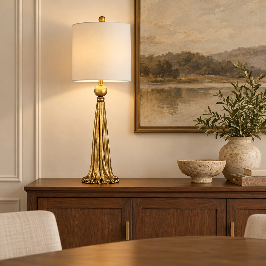 Carved gold table lamp on a dining-room buffet