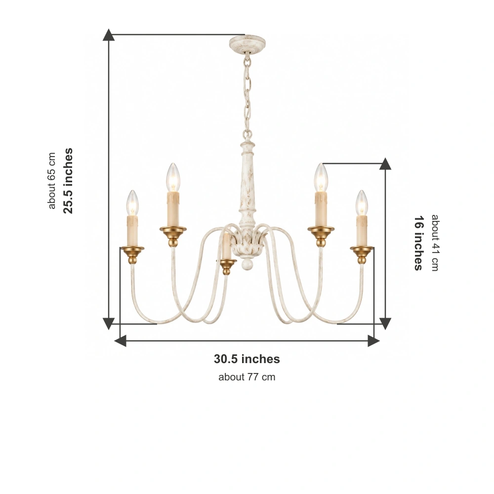 Chandelier dimensions: 30.5 inches wide, 25.5 inches high and 16 inches arm height