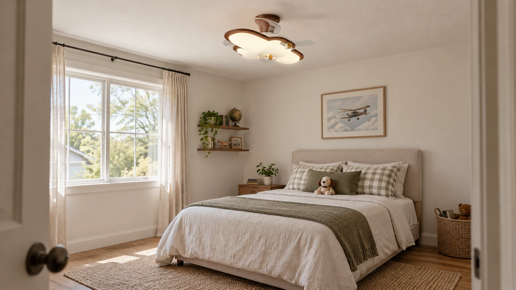 Integrated ceiling fan light in a family bedroom at realistic residential scale