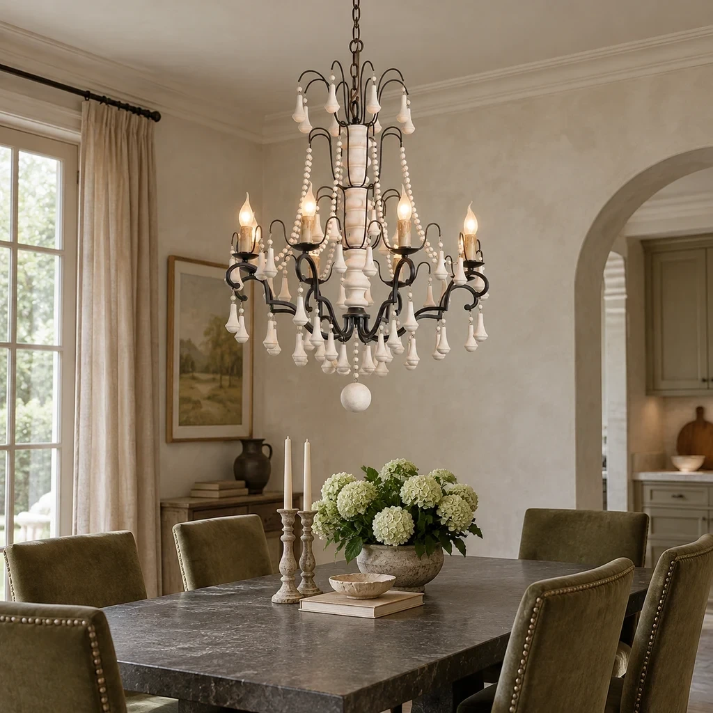 Merritt French Country Beaded Wood Chandelier with Eight Lights above a charcoal stone dining table