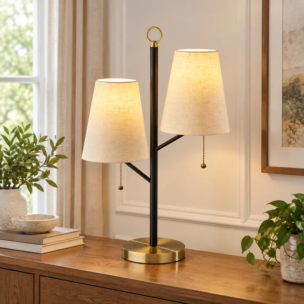 Modern metal flush-mount ceiling light against a bright vintage architectural wall