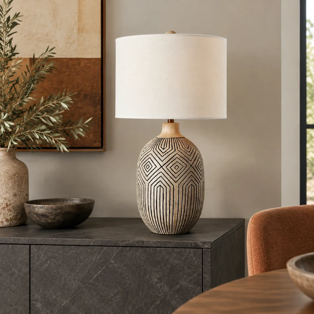 Merritt Bohemian Carved Wood Table Lamp on a charcoal dining sideboard