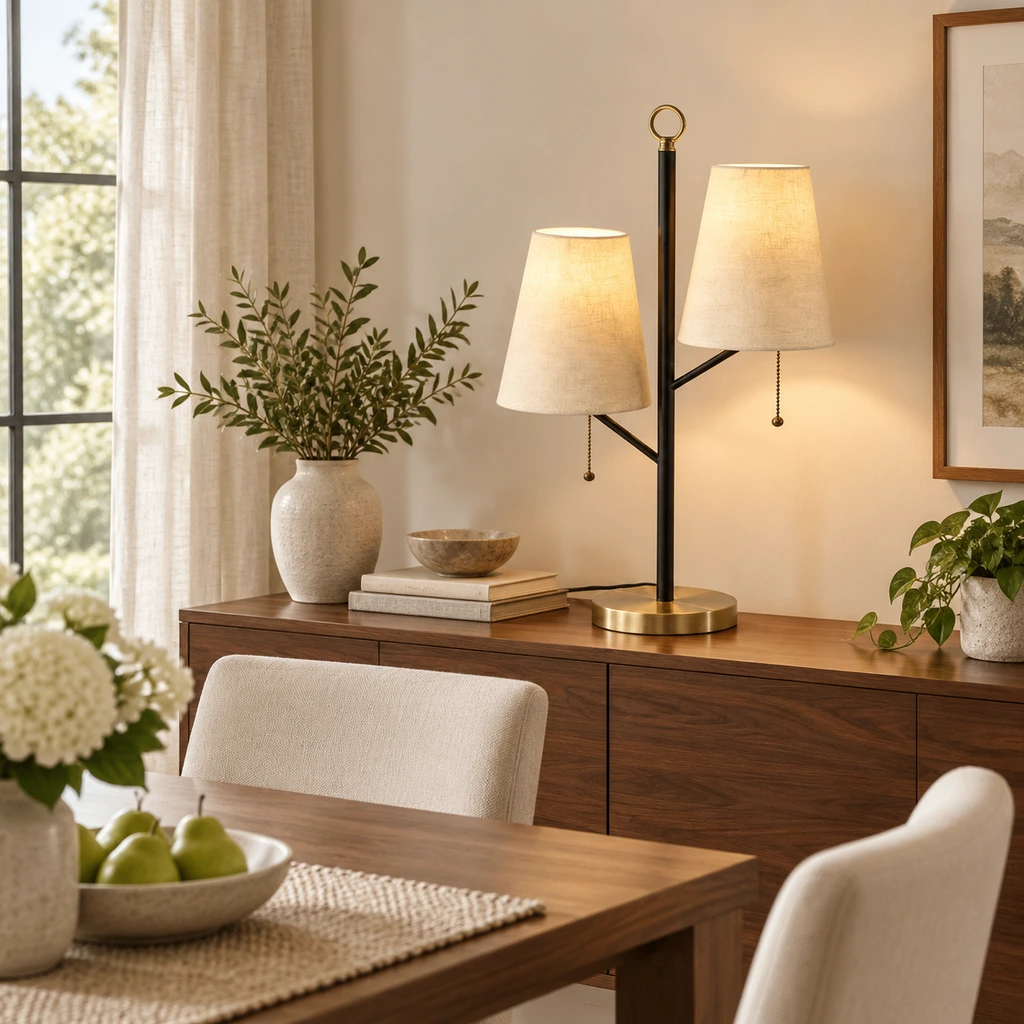 Modern metal flush-mount ceiling light installed above a dining table
