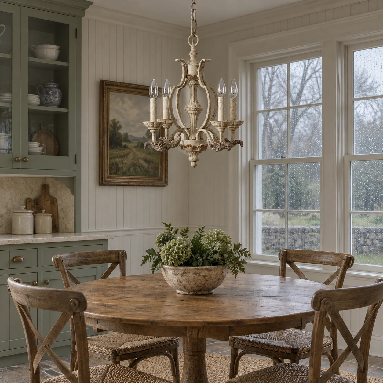 Vintage carved wood chandelier above a breakfast table in a traditional American breakfast nook
