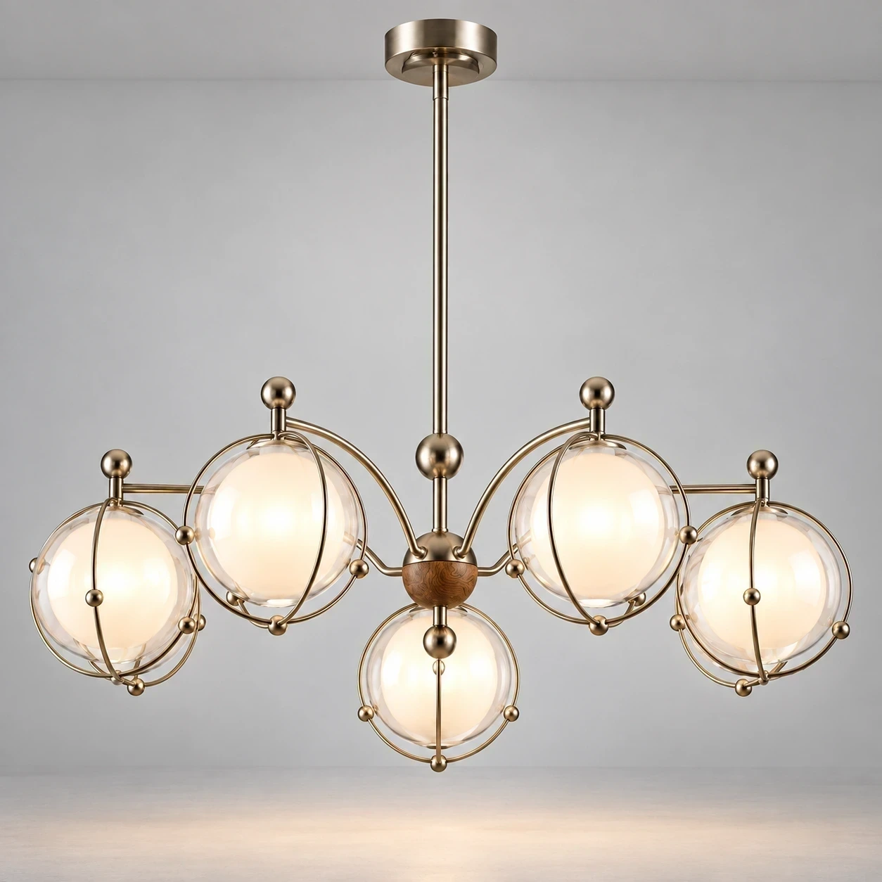 Wushlp Vintage Planet Glass Branch Chandelier switched on in a neutral studio