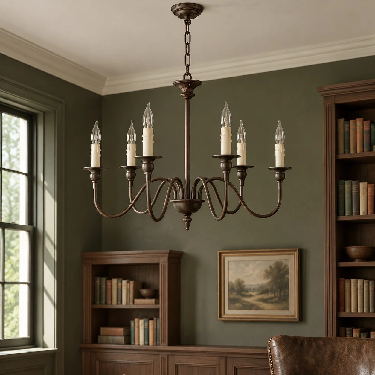 Iron chandelier in a muted olive home library