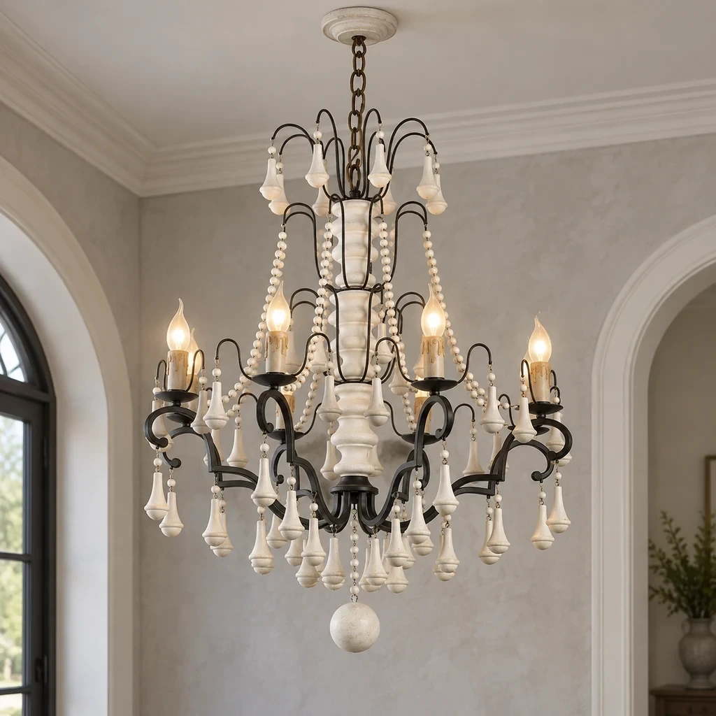 Merritt French Country Beaded Wood Chandelier with Eight Lights illuminated in a pale plaster foyer