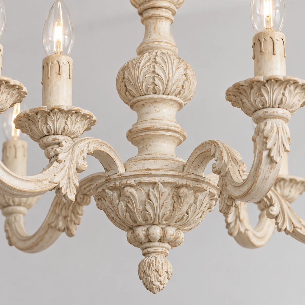 Close detail of the lower carved finial and scrollwork