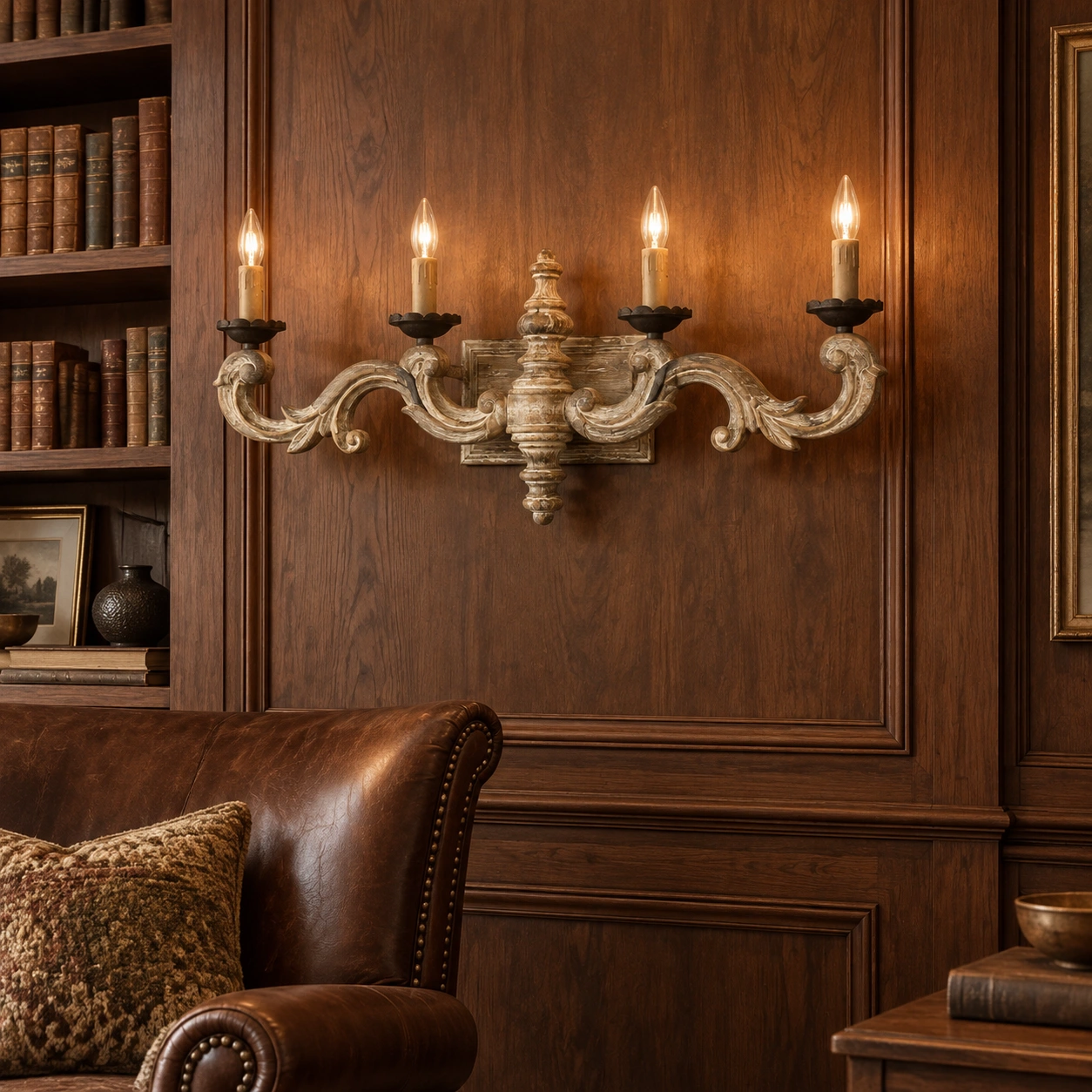 Avery carved solid wood wall sconce scene 05 library