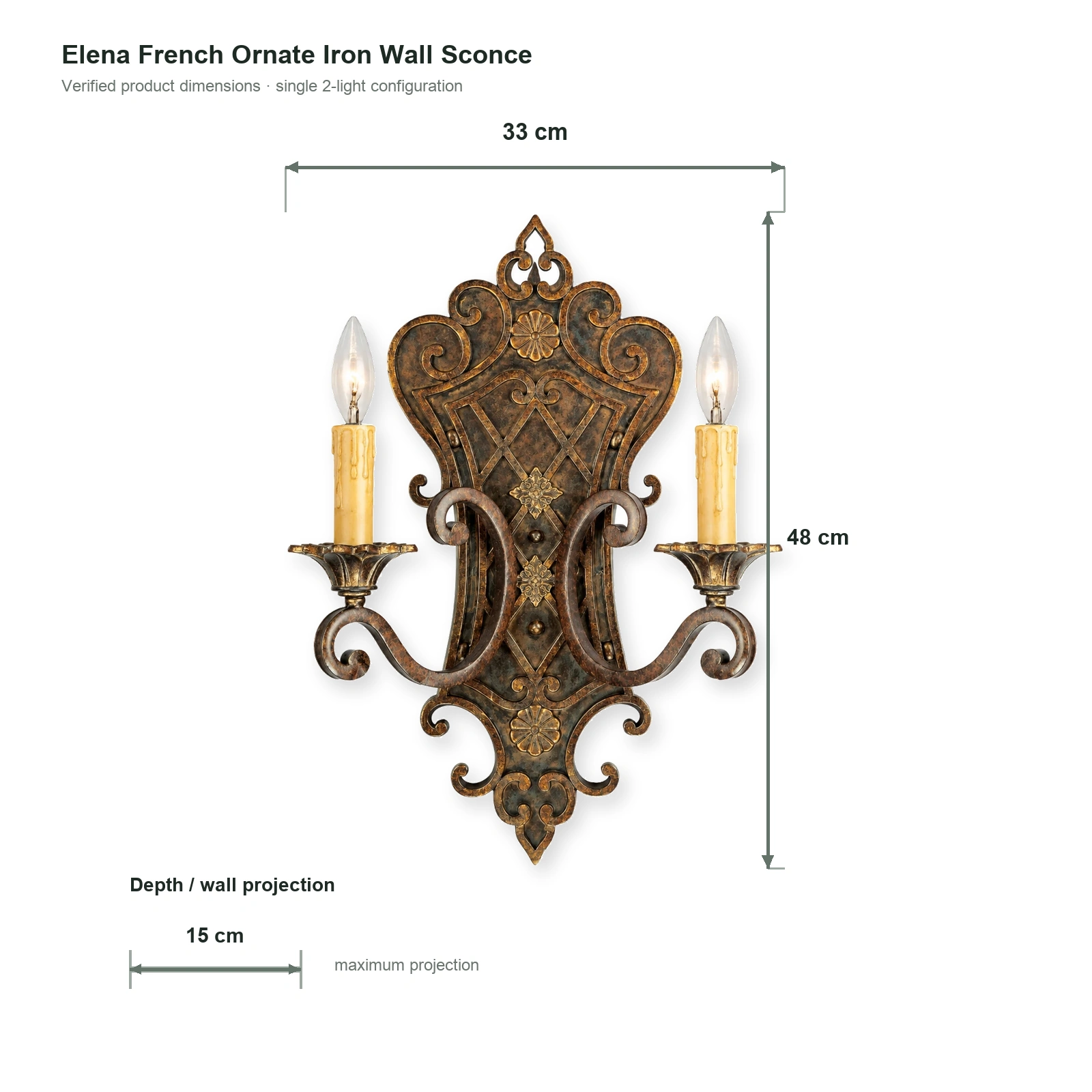 Elena French Decorative Iron Wall Sconce dimensions: 33 cm wide, 48 cm high and 15 cm deep