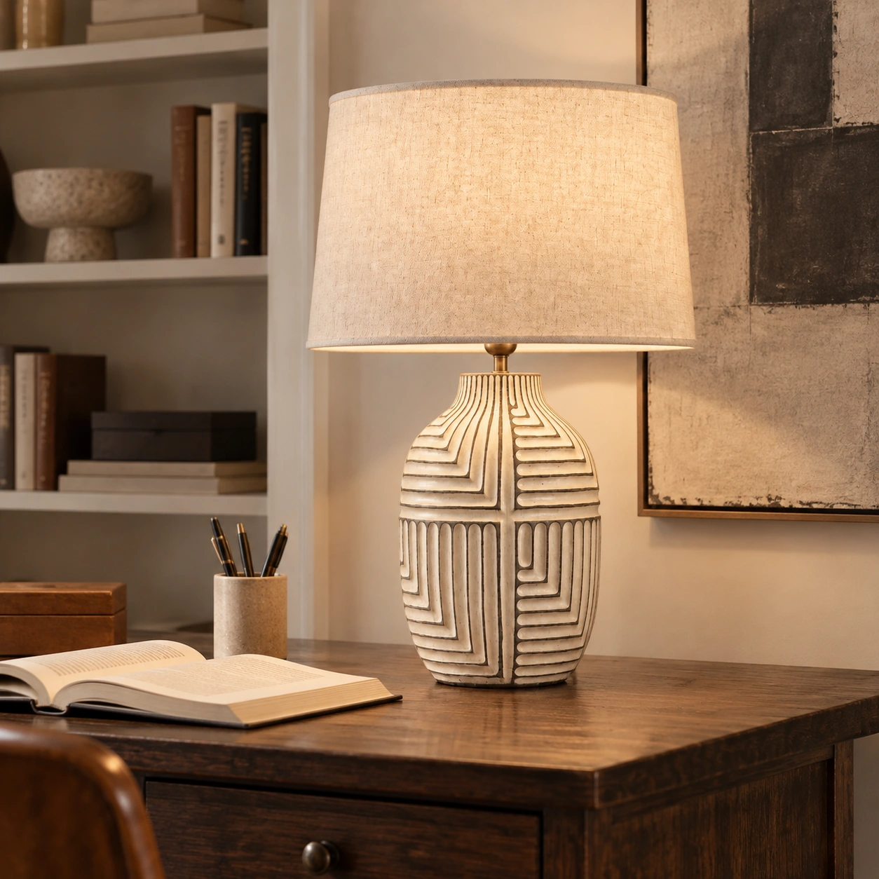 Elena carved wood table lamp scene 03 study
