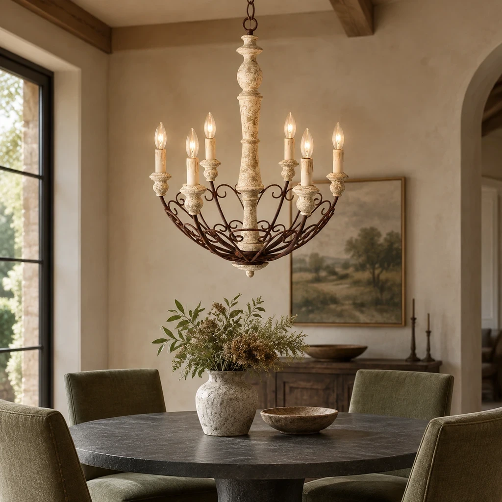 Rustic Six-Arm Carved Wood Chandelier above a muted charcoal dining table