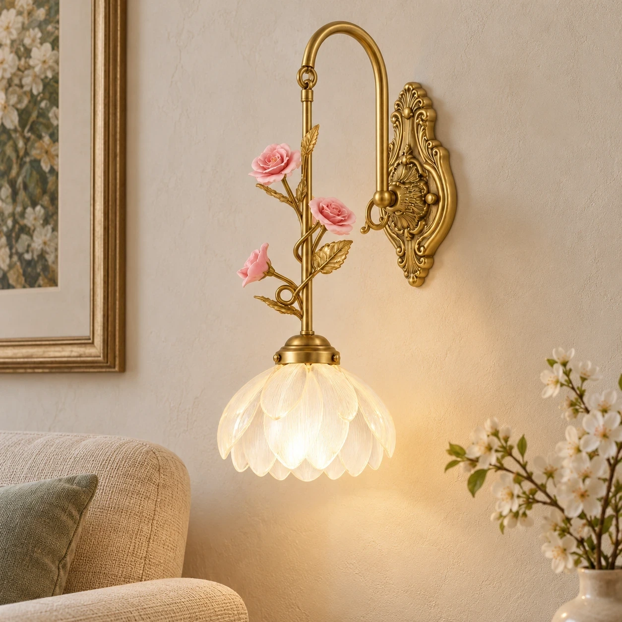 Wushlp Vintage Petal Copper Wall Light on a living-room accent wall