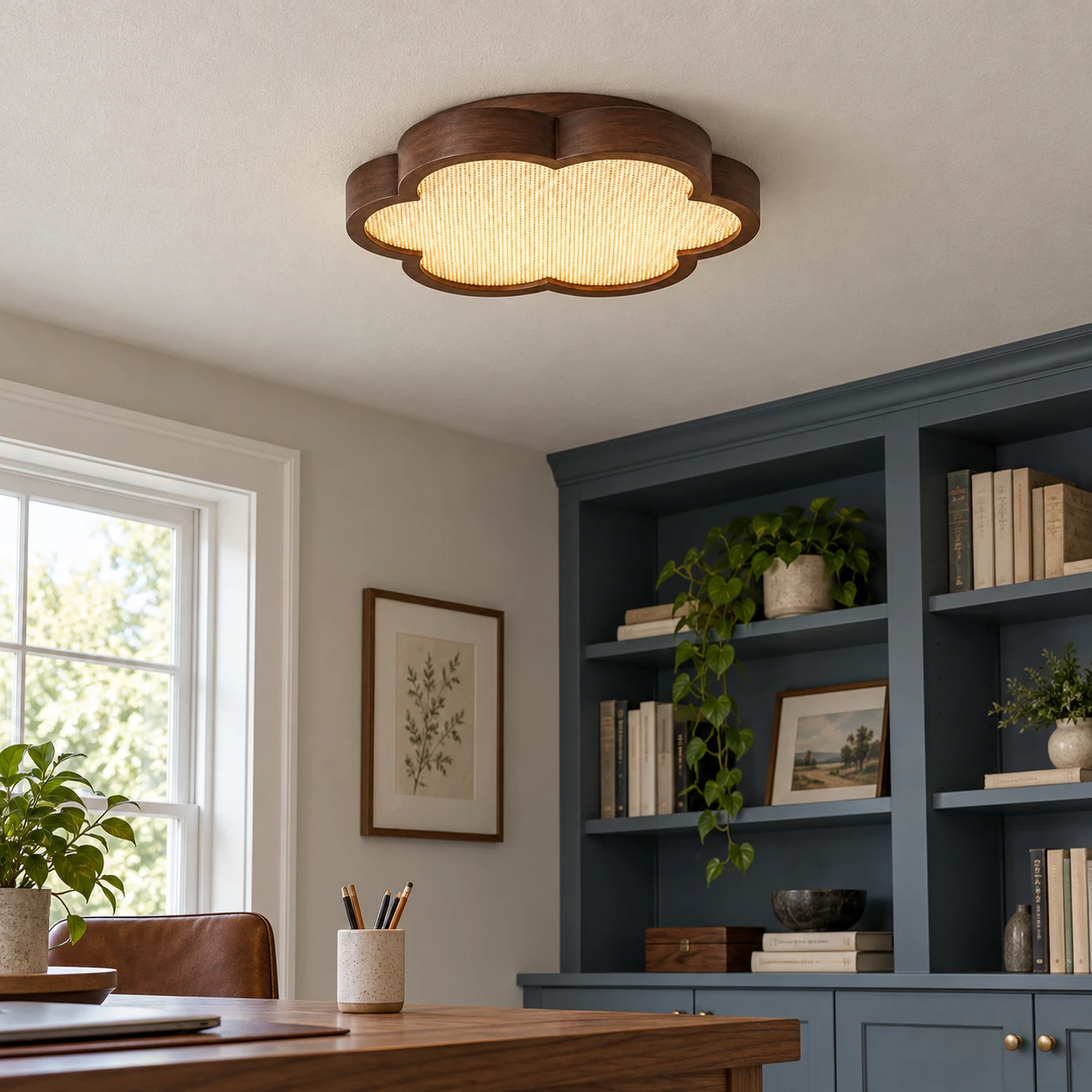 Mira Vintage Floral Walnut Wood Flush Mount Ceiling Light — office setting